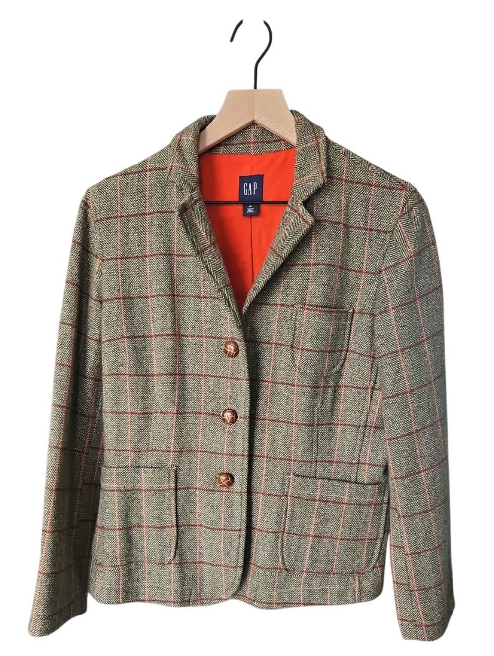 GAP Vintage Women's Herringbone Tweed Green Plaid Wool Blazer Jacket Size 12
